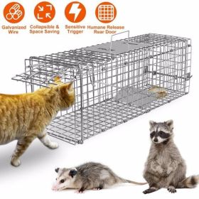 Humane Cat Trap Cage Catch Release Live Animal Rodent Cage Collapsible Galvanized Wire for Small Raccoons Beavers Groundhogs Foxes Armadillos (Color: As Picture)